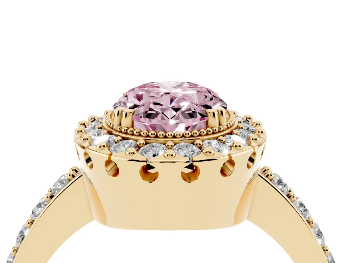 Fancy Pink Oval Cut Diamond Halo Ring with Pavé Band and Prong Setting Yellow gold