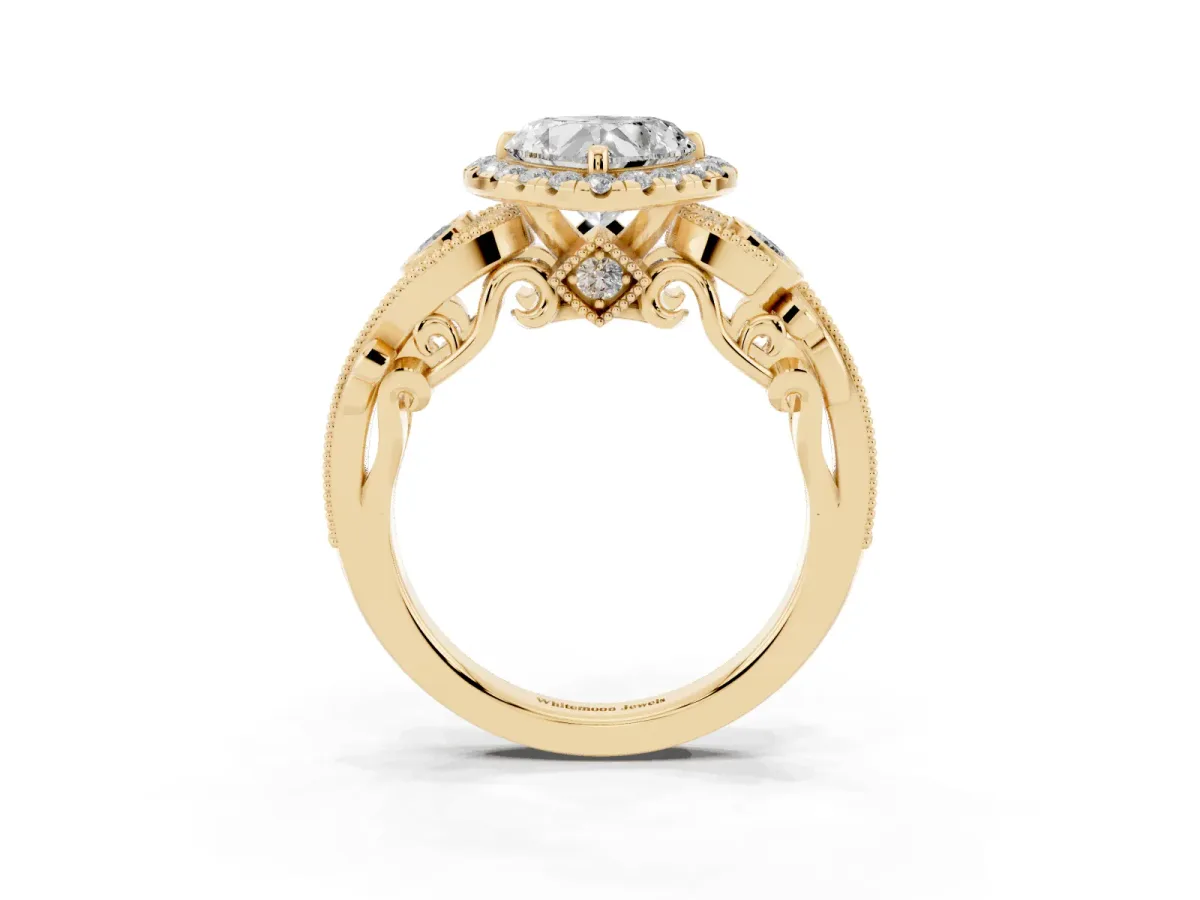 Heart Cut Diamond Halo Ring with Milgrain Pavé Band and Four-Prong Setting Yellow gold