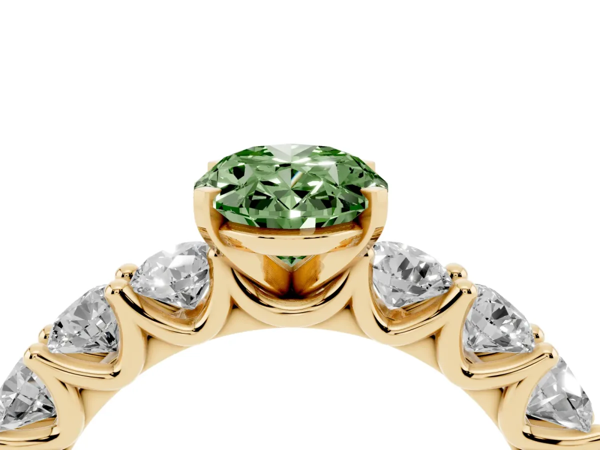 Fancy Green Oval Cut Diamond Prong Setting with Side Stones on a Pave Band Yellow gold