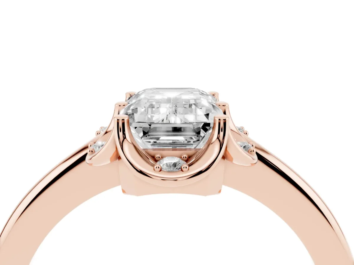 Emerald Cut Halo Diamond Ring with Round Cluster Setting, Solitaire Band, and Four-Prong Setting Rose gold