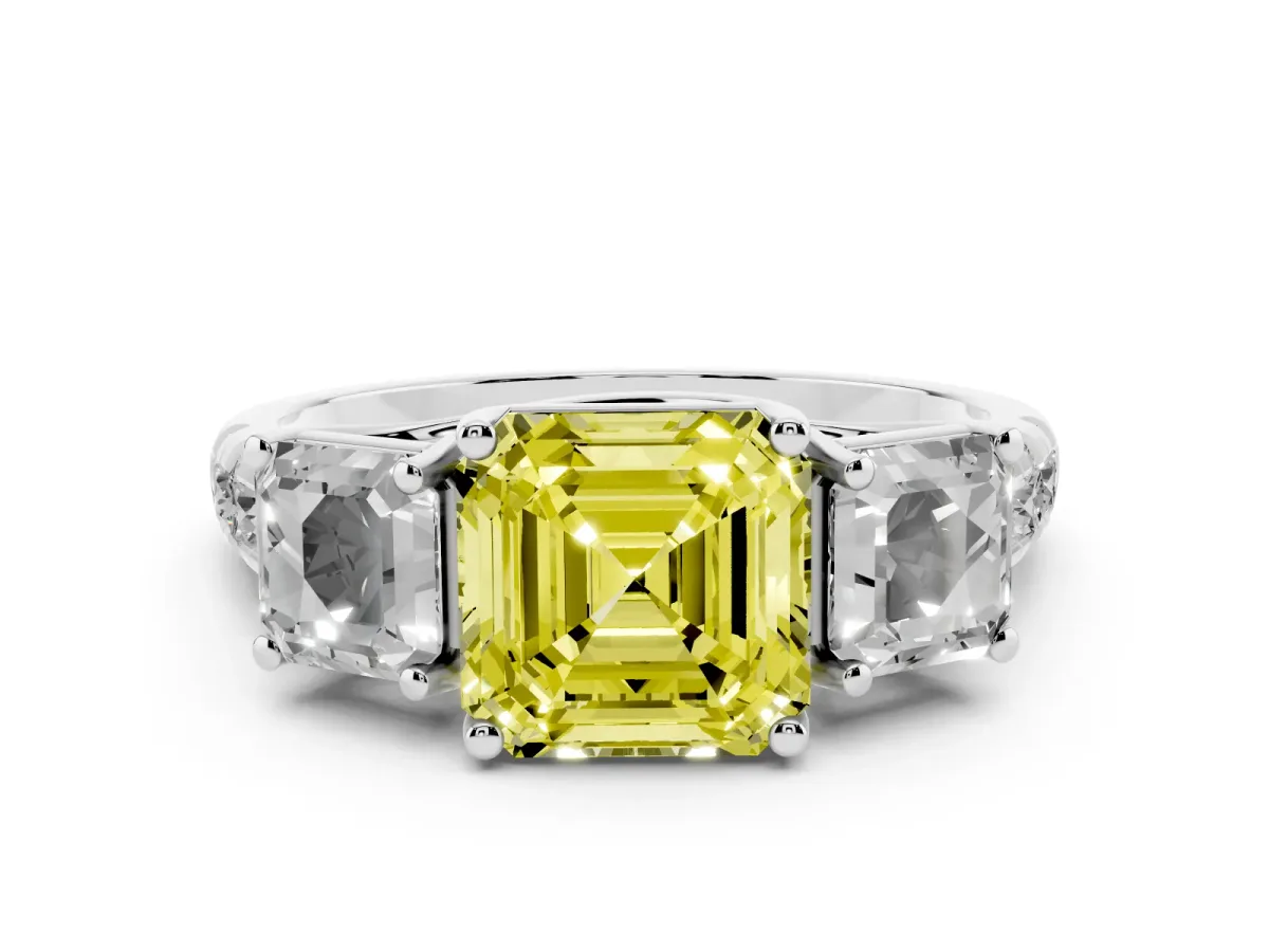 Fancy Yellow Three-Stone Asscher Cut Diamond Pavé Band with Prong Setting Platinum