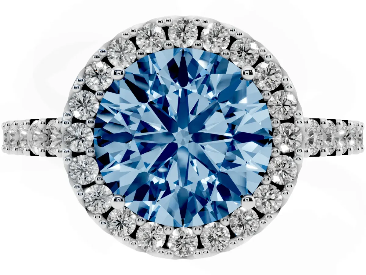 Fancy Blue Round Cut Halo Diamond Pavé Solitaire Ring Platinum