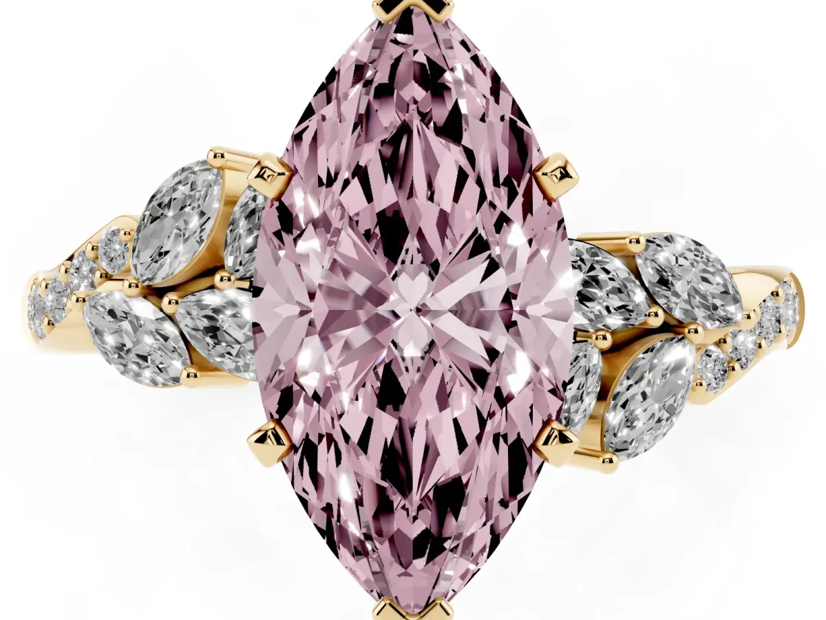 Fancy Pink Marquise Cut Solitaire Marquise Twist Band with Six-Prong Setting Yellow gold
