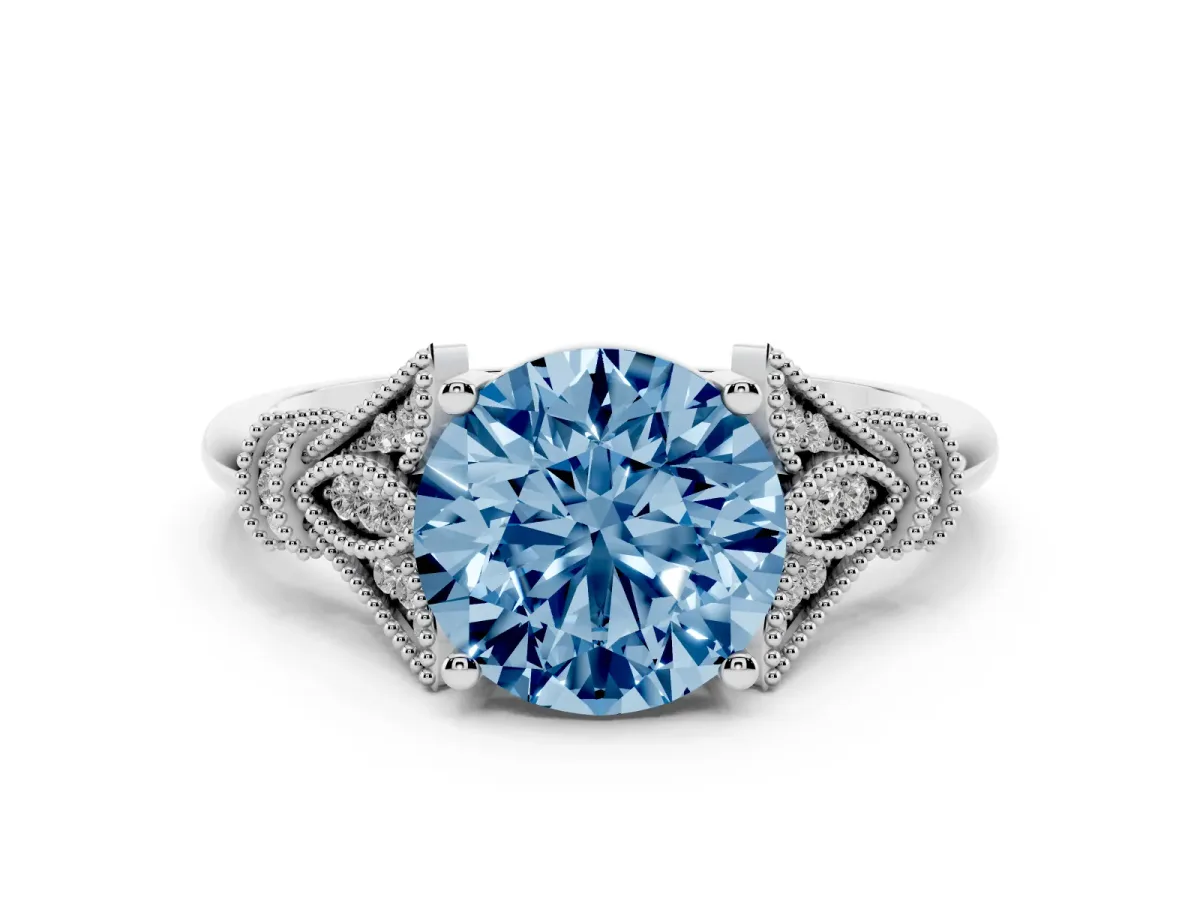 Fancy Blue Round Cut Diamond Solitaire Ring with Floral Filigree and Pave Accents White gold