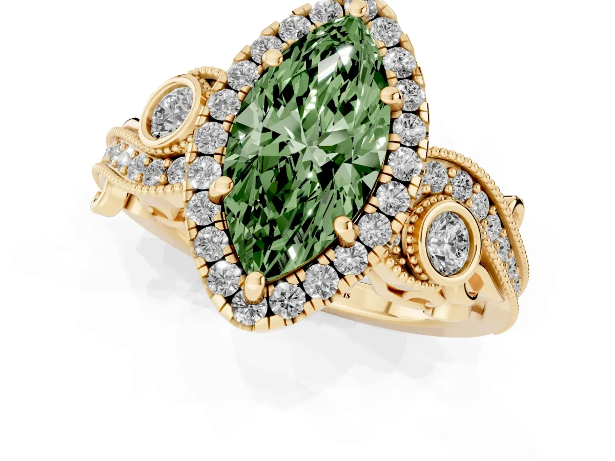 Fancy Green Marquise Cut Diamond Halo Ring with Milgrain Pavé Band and Four-Prong Setting Yellow gold