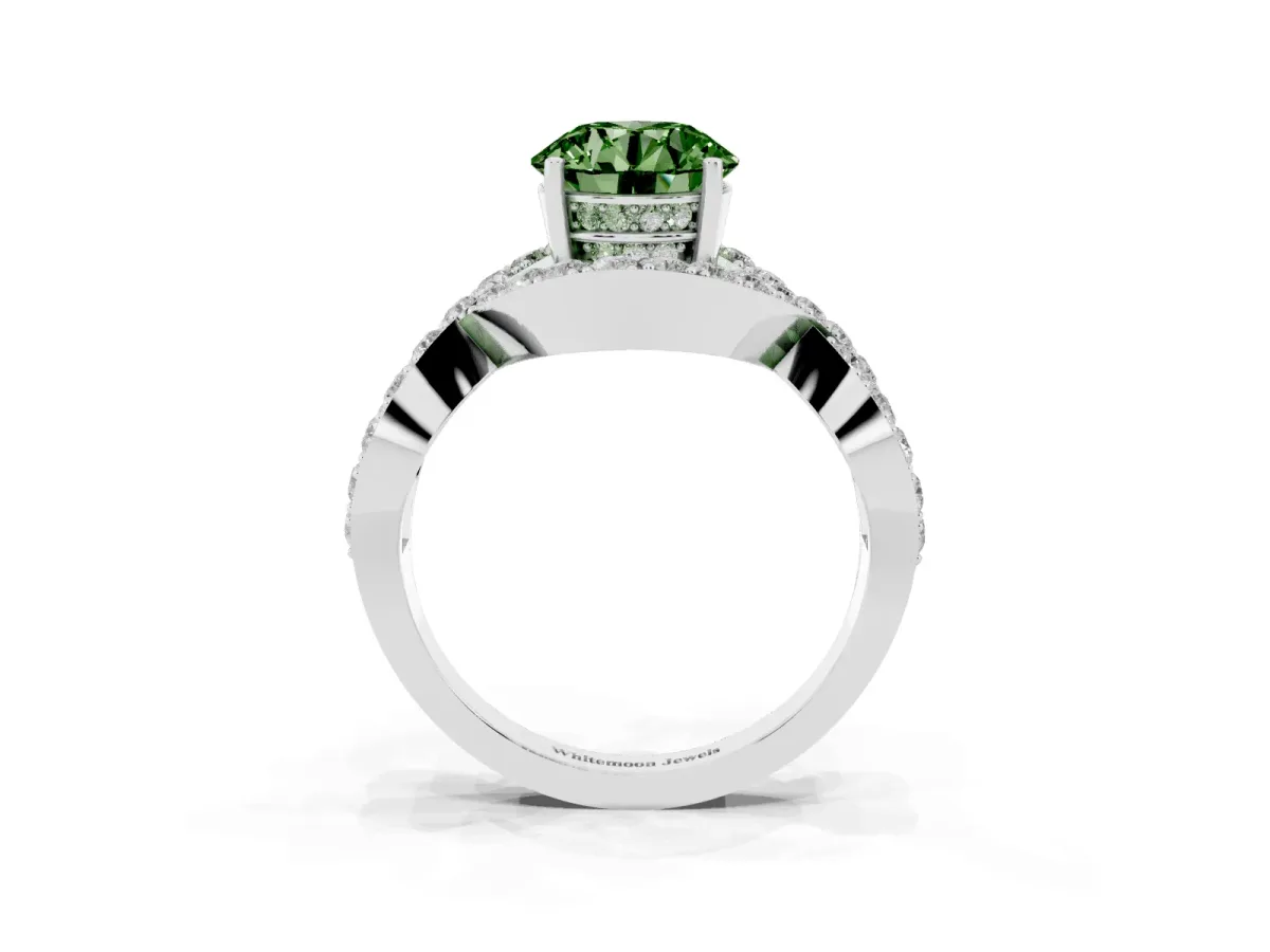 Fancy Green Round Cut Solitaire Twist Band Pavé Diamond Engagement Ring Silver
