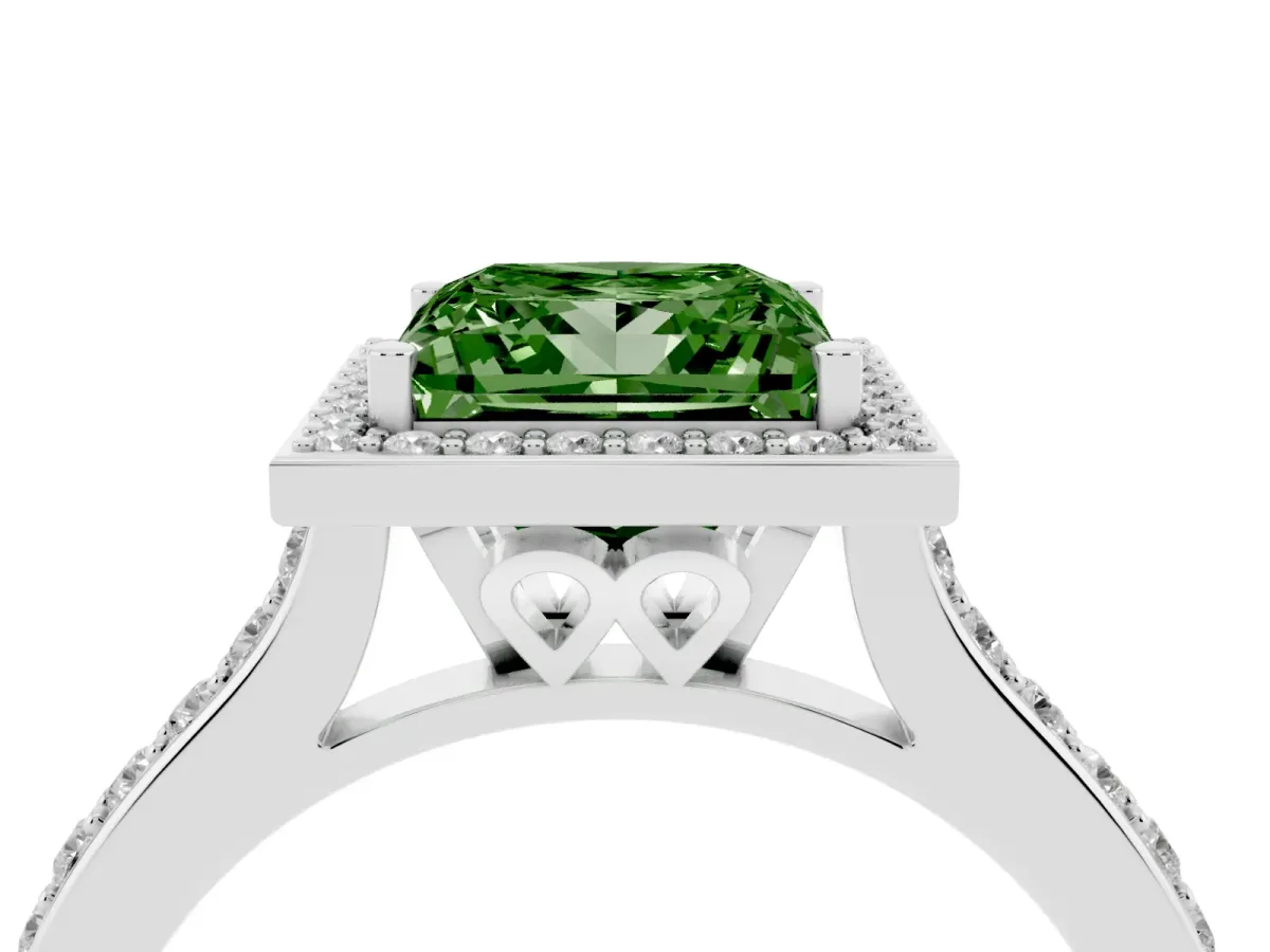 Fancy Green Princess Cut Diamond Halo Engagement Ring with Round Pavé Shoulders and Prong Setting Silver