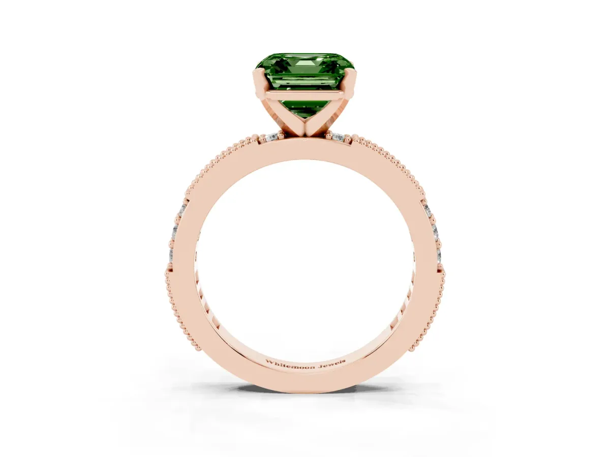 Fancy Green Asscher Cut Solitaire with Pavé Band and Four-Prong Setting Rose gold