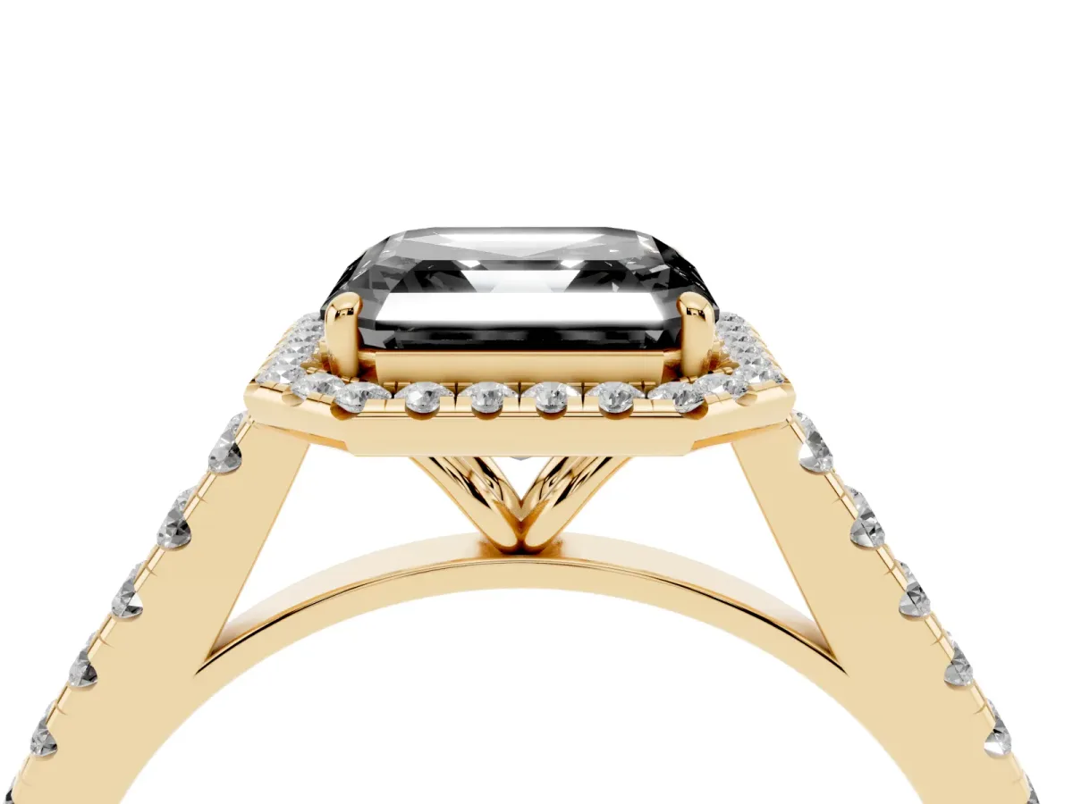 Fancy Black Asscher Cut Halo Pave Diamond Engagement Ring with Four-Prong Setting Yellow gold