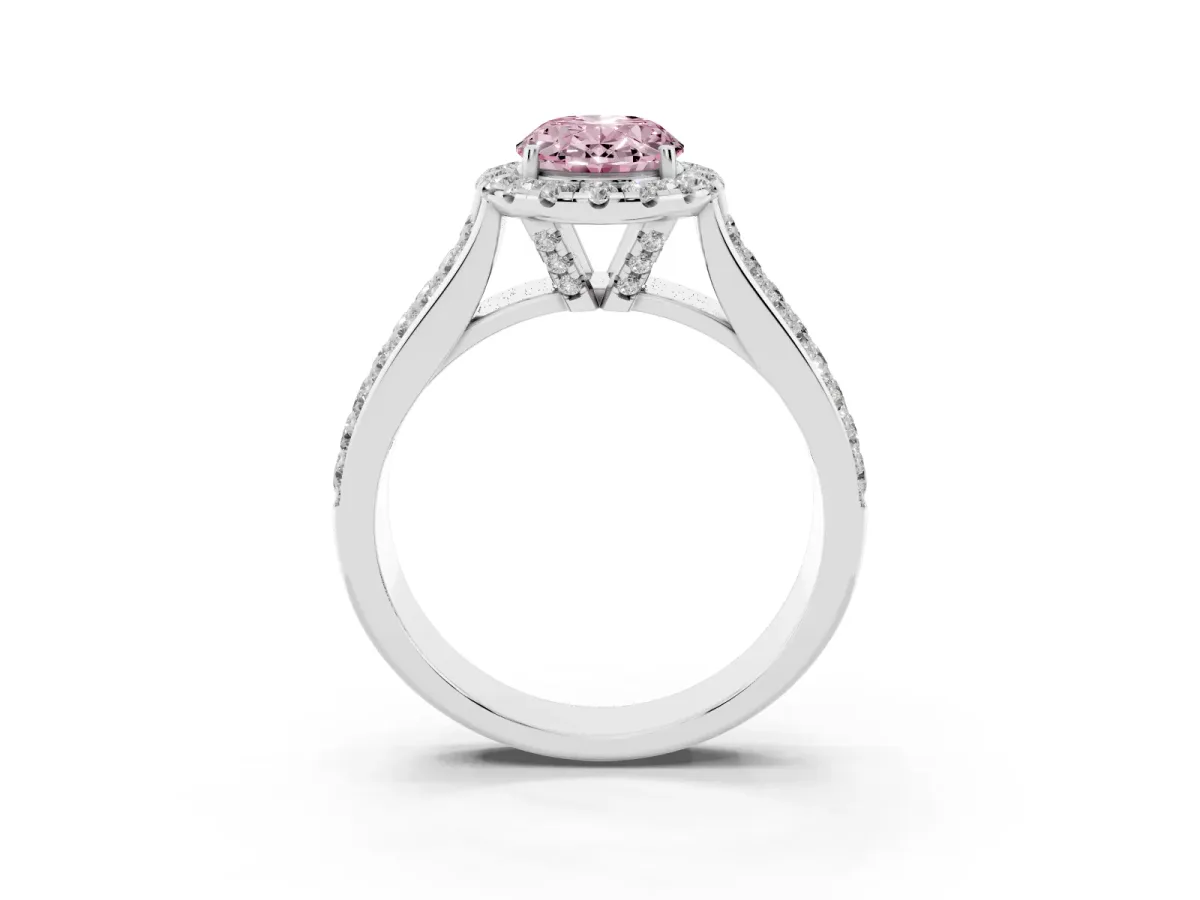 Fancy Pink Oval Cut Halo Round Diamond Pave Band with Prong Setting Silver