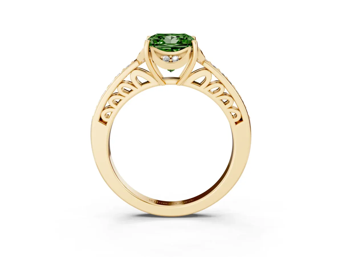 Fancy Green Princess Cut Cut Halo Diamond Ring with Channel Set Band and Four-Prong Setting Yellow gold