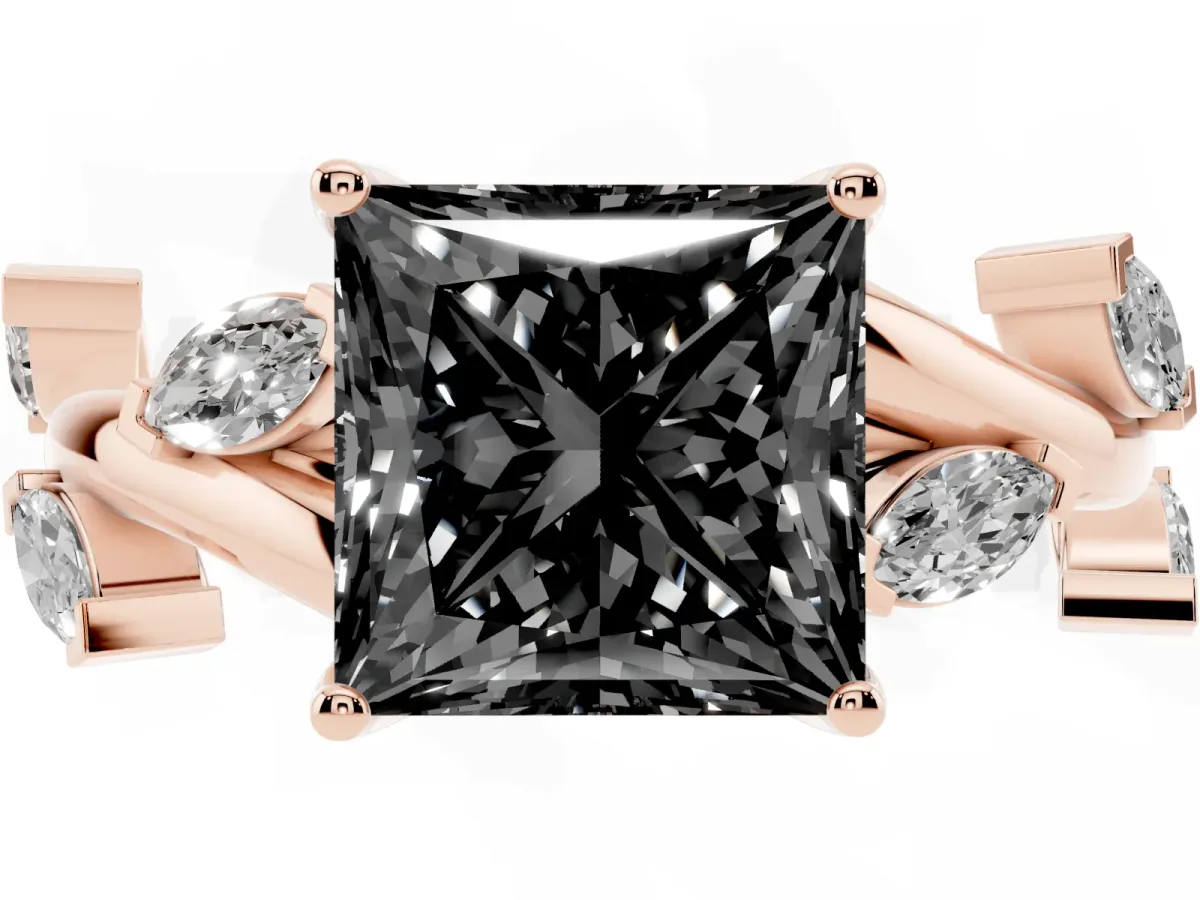 Fancy Black Princess Cut Solitaire Twisted Band Marquise Accent Prong Setting Ring Rose gold