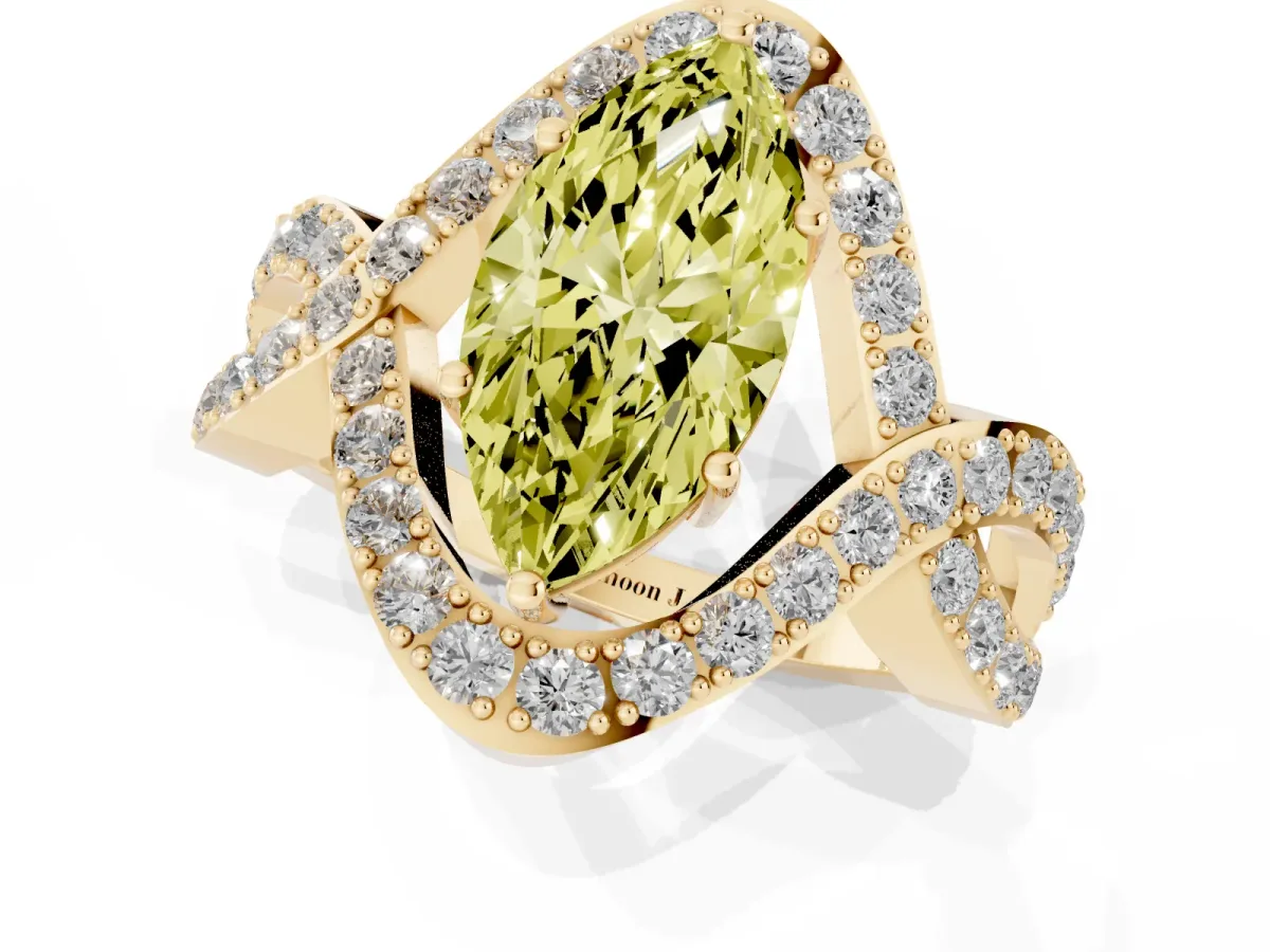 Fancy Yellow Marquise Cut Solitaire Twist Band Pavé Diamond Engagement Ring Yellow gold