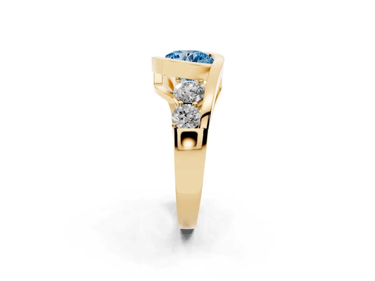 Fancy Blue Bezel Set Round Cut Diamond Bypass Ring with Round Accents Yellow gold