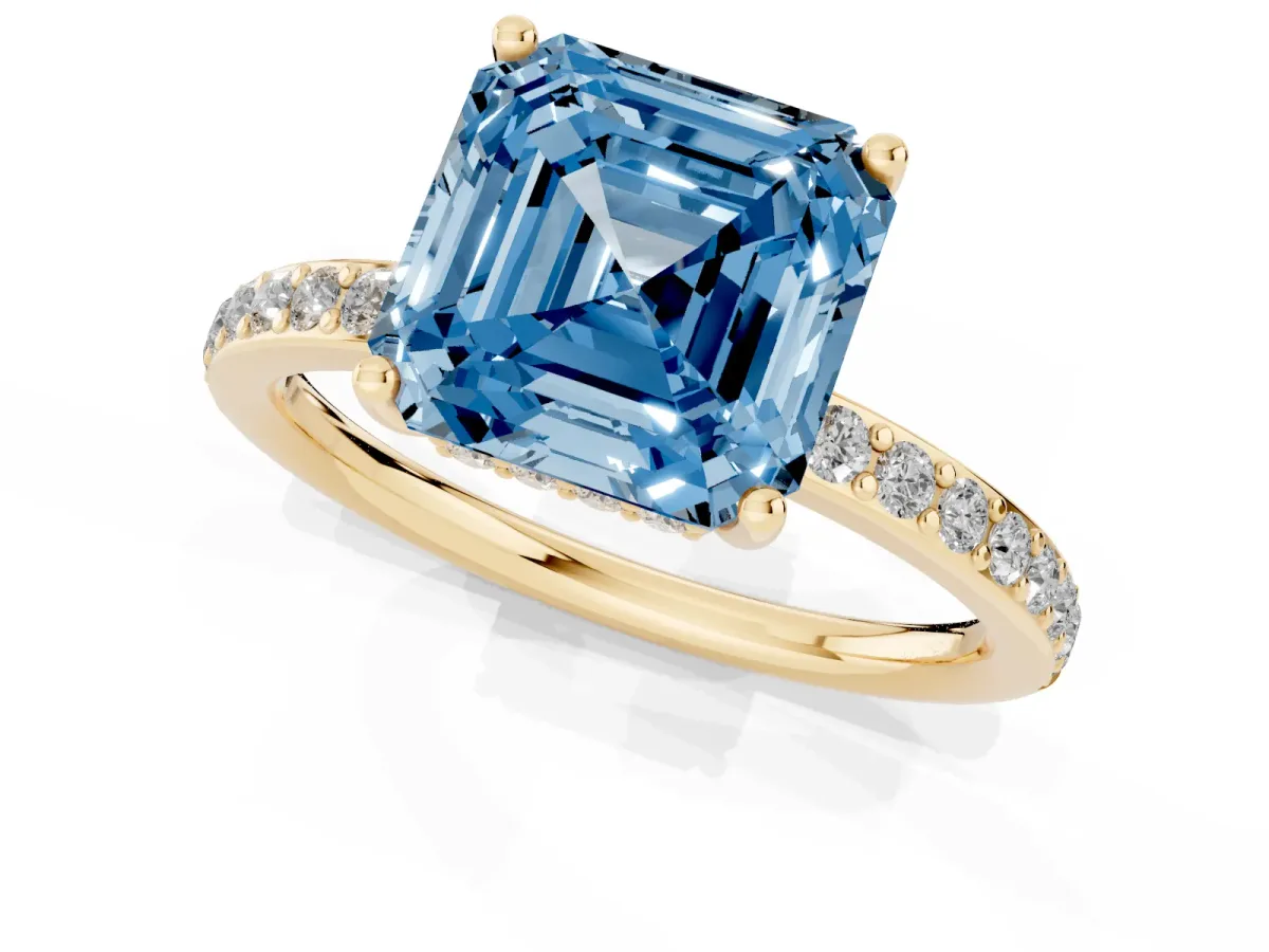 Fancy Blue Asscher Cut Cut Diamond Pavé Band Ring with Four-Prong Setting Yellow gold