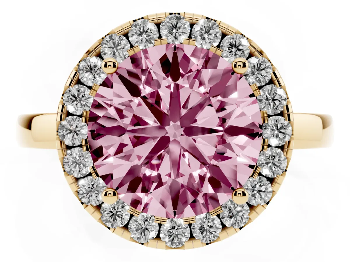 Fancy Pink Round Cut Halo Diamond Solitaire with Pavé Band and Four-Prong Setting Yellow gold