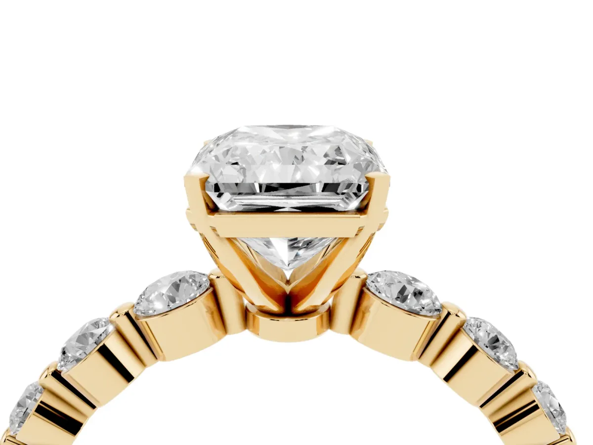 Radiant Cut Solitaire Diamond Ring with Pave Band and Four-Prong Setting Yellow gold