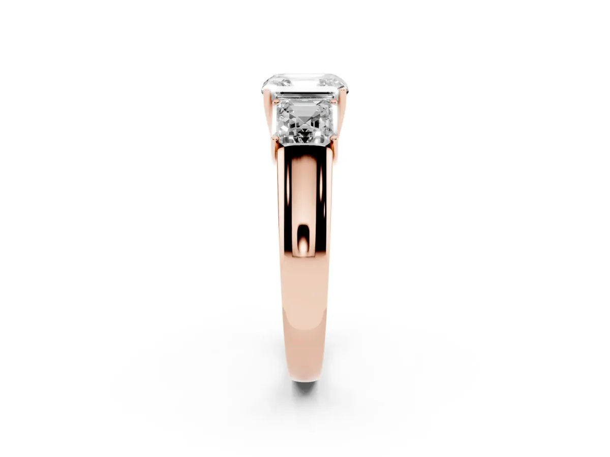 Three-Stone Asscher Cut Cut Diamond Ring with Prong Setting and Classic Band Rose gold