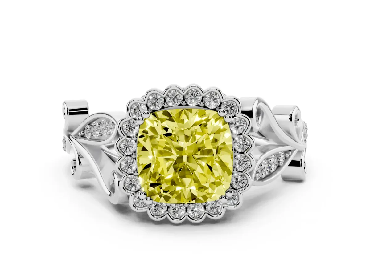 Fancy Yellow Cushion Cut Diamond Halo Ring with Vintage Split Shank and Four-Prong Setting Platinum