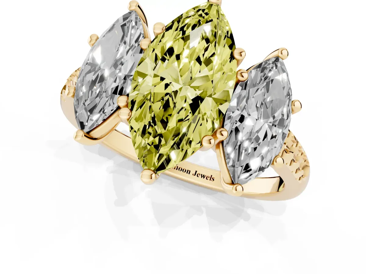 Fancy Yellow Three-Stone Marquise Cut Diamond Ring with Round Pavé Band and Prong Setting Yellow gold