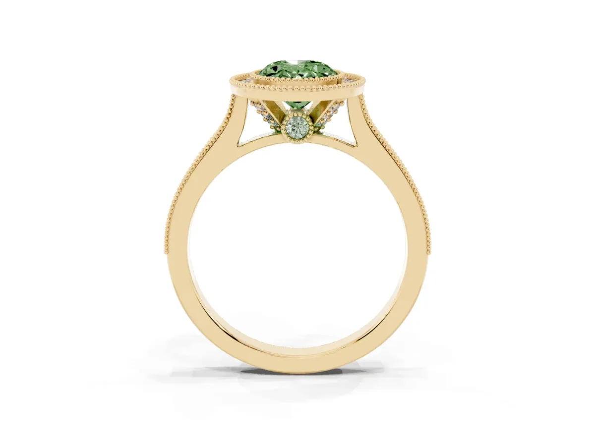 Fancy Green Halo Oval Cut-Cut Diamond Pave Band Milgrain Prong Setting Ring Yellow gold