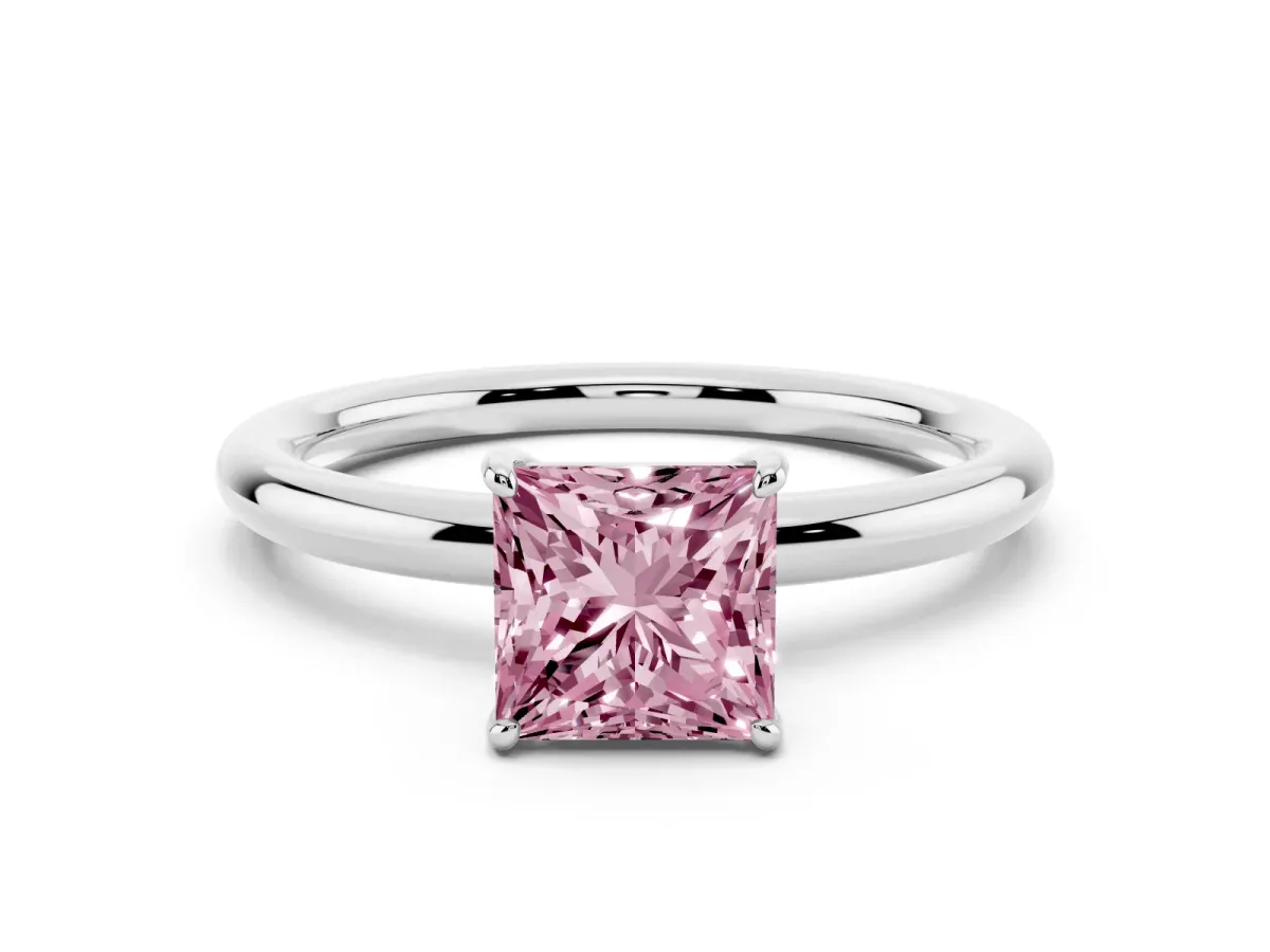 Fancy Pink Princess Cut Solitaire Diamond Ring with Four-Prong Setting on a Plain Band Platinum
