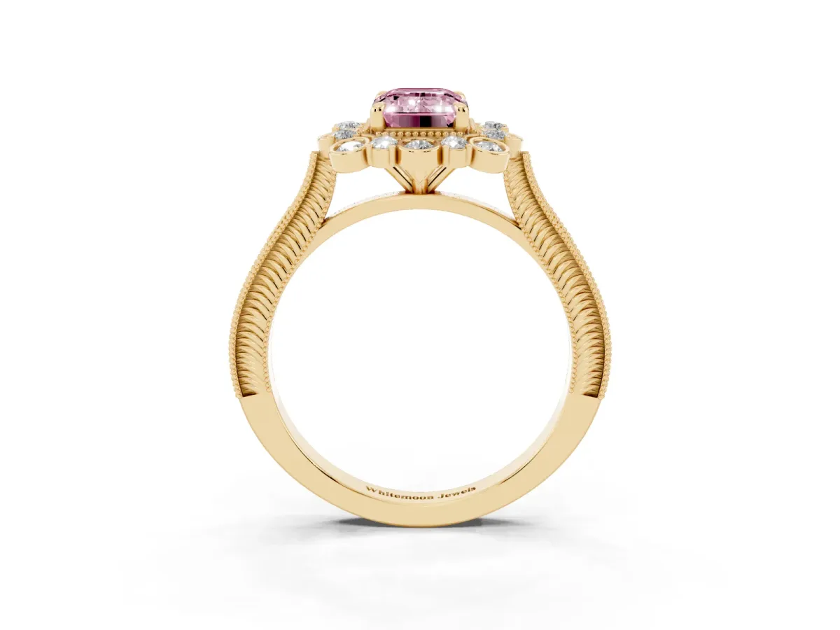 Fancy Pink Emerald Cut Halo Milgrain Pave Diamond Ring with Four-Prong Setting Yellow gold