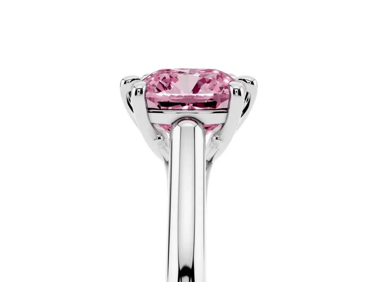 Fancy Pink Cushion Cut Solitaire Engagement Ring with Six-Prong Setting and Classic Band Platinum