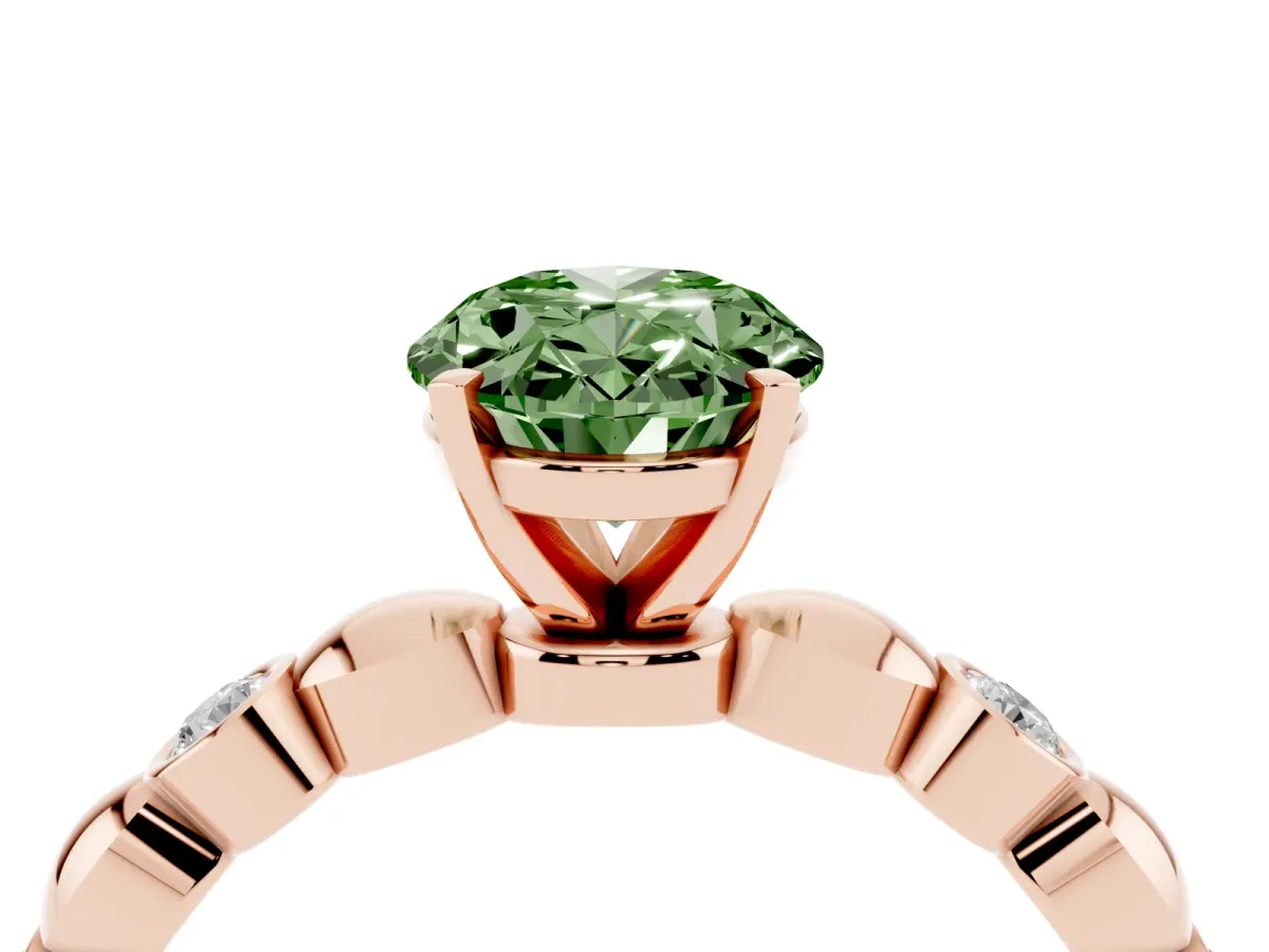 Fancy Green Oval Cut Solitaire Bezel-Set Diamond Ring with Beaded Band and Four-Prong Setting Rose gold