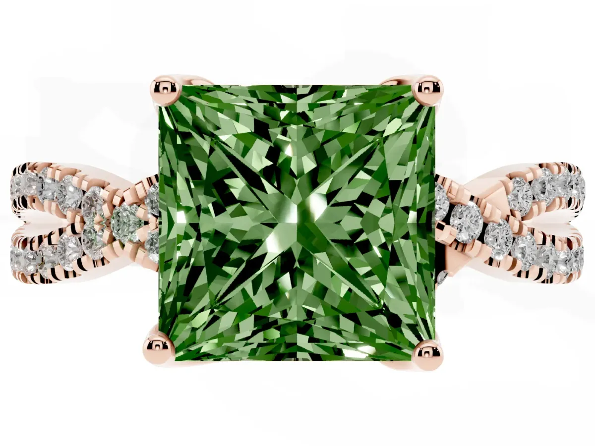 Fancy Green Princess Cut Solitaire Twist Pave Diamond Engagement Ring with Prong Setting Rose gold