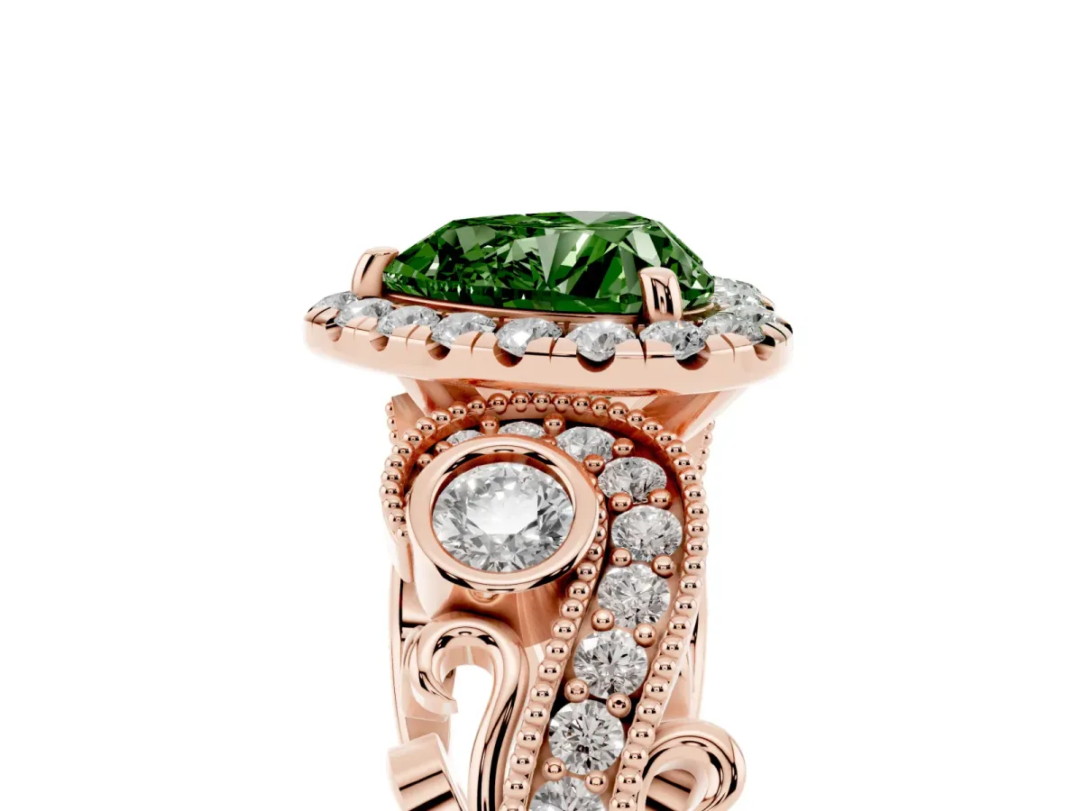 Fancy Green Heart Cut Halo Diamond Ring with Milgrain and Bezel Accents on a Split Shank Band Rose gold