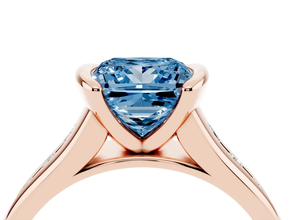 Fancy Blue Princess Cut Solitaire Bezel-Set Diamond Ring with Channel-Set Band Rose gold