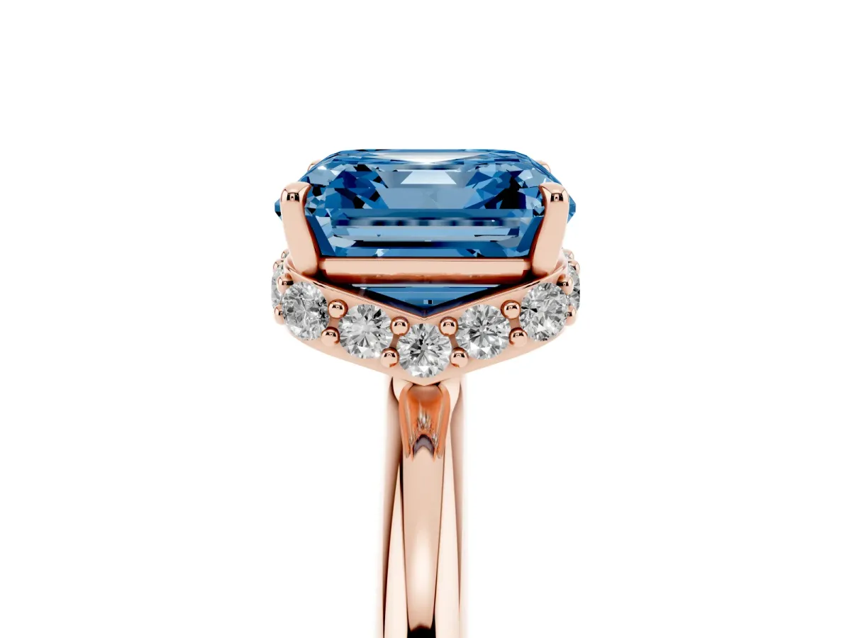 Fancy Blue Asscher Cut Brilliant Solitaire Engagement Ring with Six-Prong Setting and Classic Band Rose gold