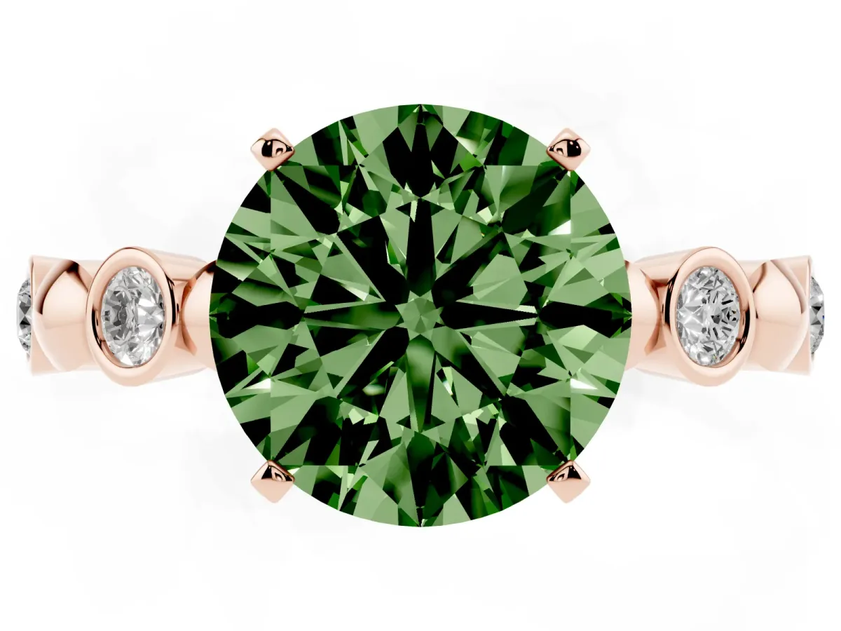 Fancy Green Round Cut Solitaire Bezel-Set Diamond Ring with Beaded Band and Four-Prong Setting Rose gold