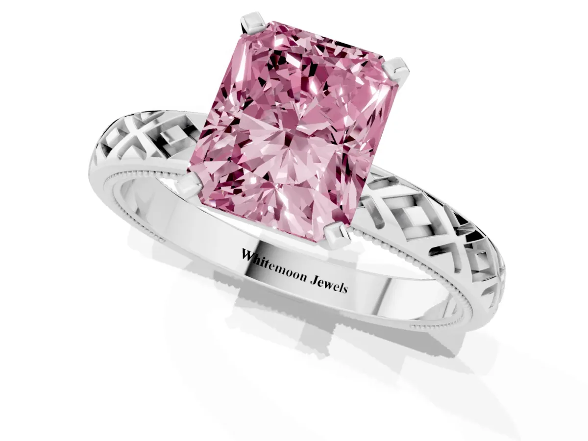 Fancy Pink Radiant Cut Solitaire Diamond Ring with Milgrain and Black Enamel X Pattern Band Silver