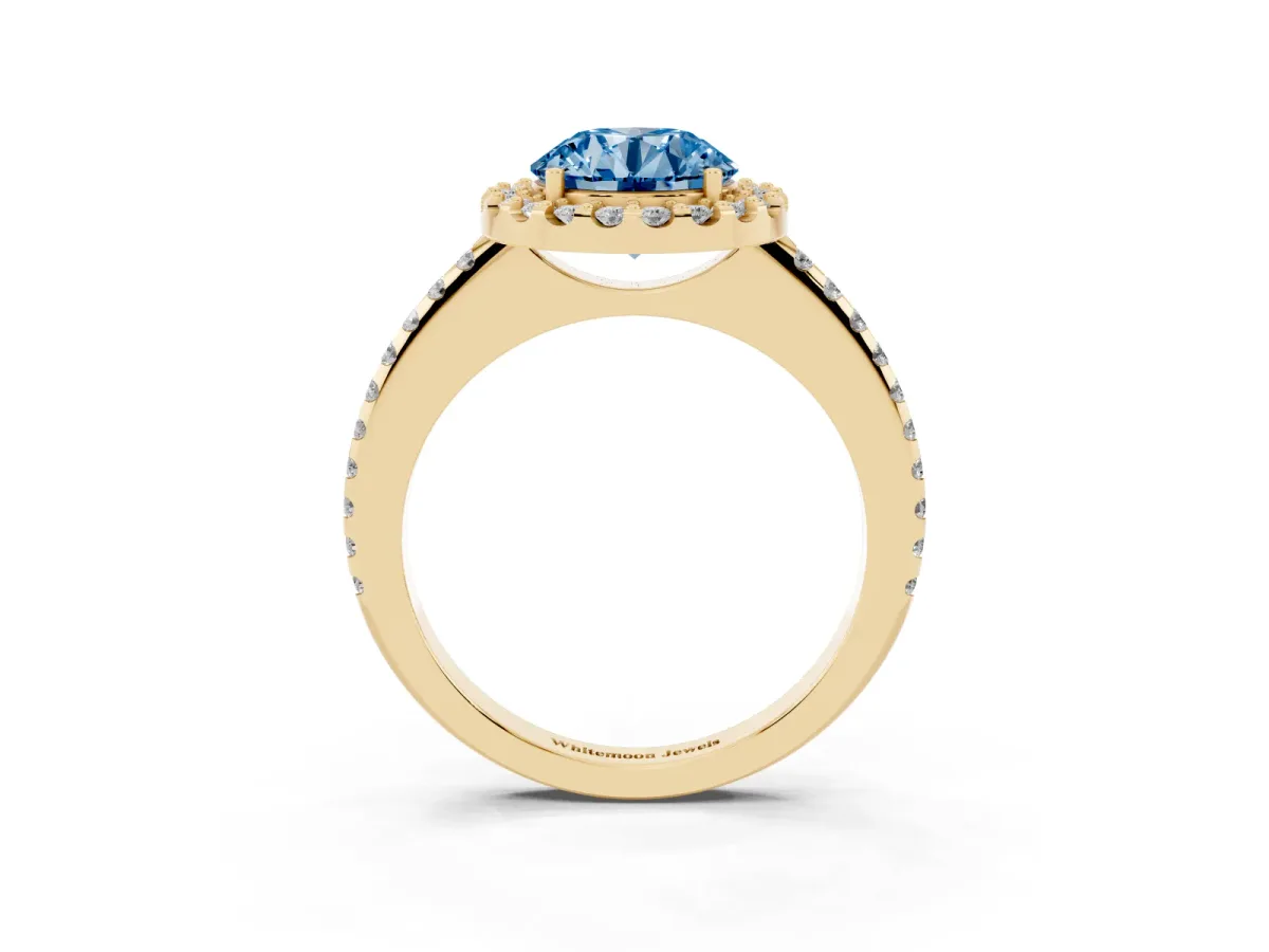 Fancy Blue Round Cut Diamond Pavé Halo Ring with Four-Prong Setting Yellow gold