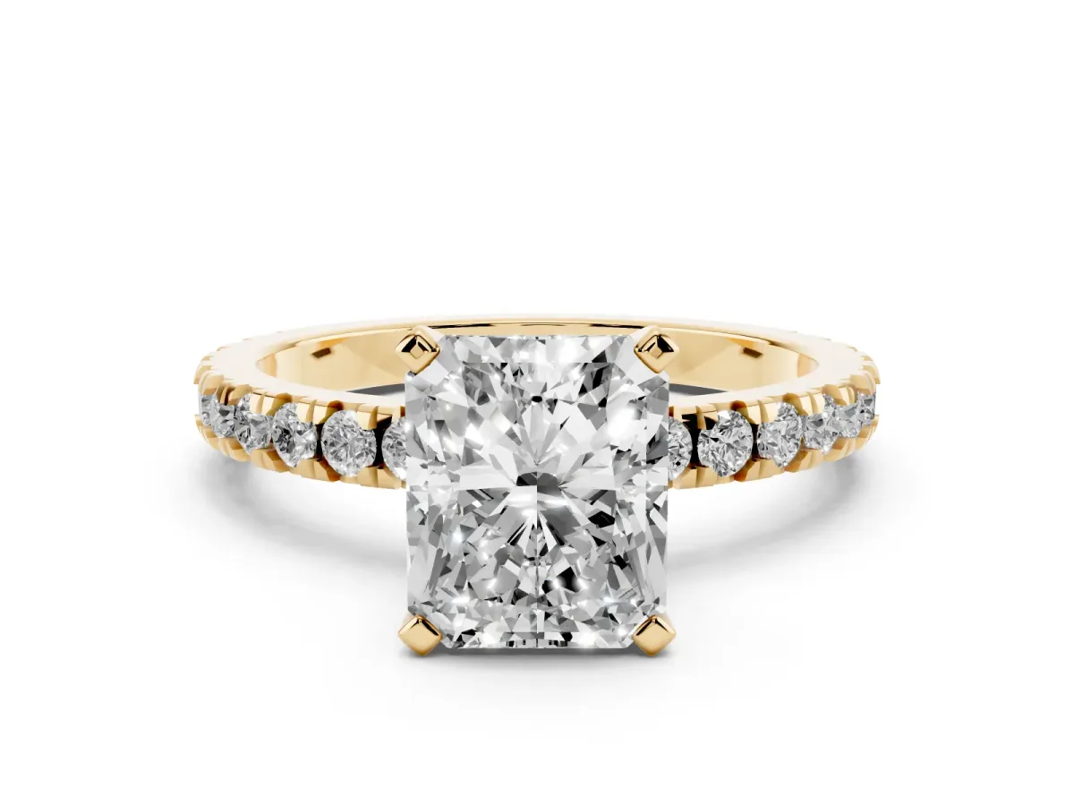 Radiant Cut Diamond Pavé Band Solitaire with Four-Prong Setting Yellow gold