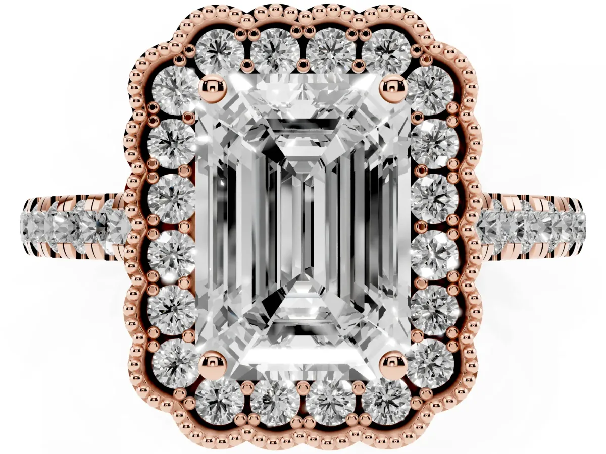 Emerald Cut Cut Diamond Milgrain Floral Halo Engagement Ring with Pavé Band Rose gold
