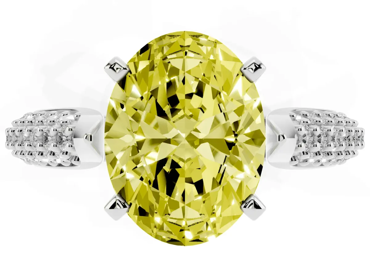 Fancy Yellow Oval Cut Diamond Solitaire Engagement Ring with Multi-Row Round Pavé Band and Prong Setting Platinum