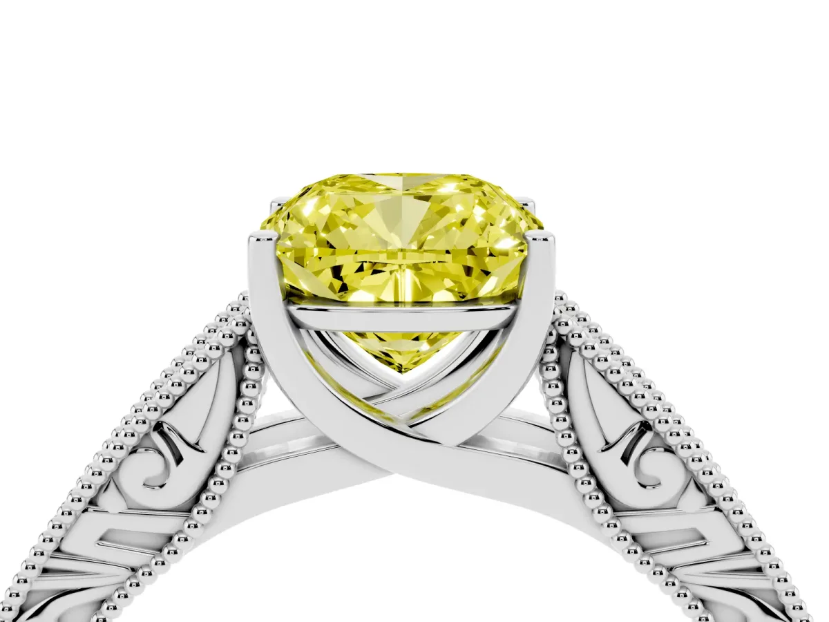Fancy Yellow Cushion Cut Diamond Solitaire Ring with Engraved Band and Four-Prong Setting Silver