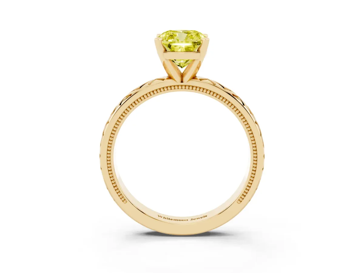 Fancy Yellow Cushion Cut Solitaire Diamond Ring with Milgrain and Black Enamel X Pattern Band Yellow gold