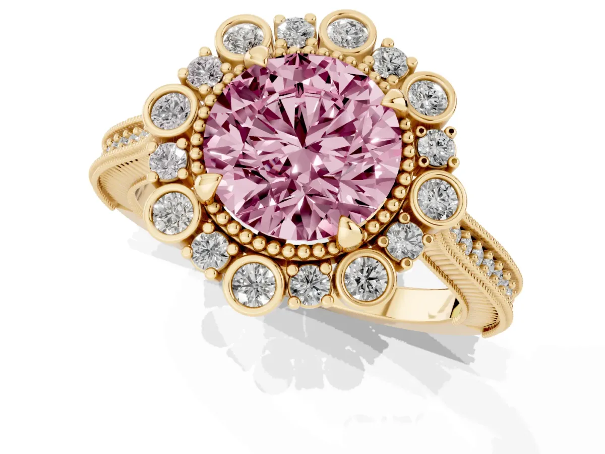 Fancy Pink Round Cut Halo Milgrain Pave Diamond Ring with Four-Prong Setting Yellow gold