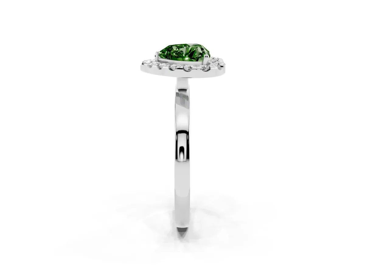 Fancy Green Heart Cut Halo Diamond Solitaire with Pavé Band and Four-Prong Setting Silver