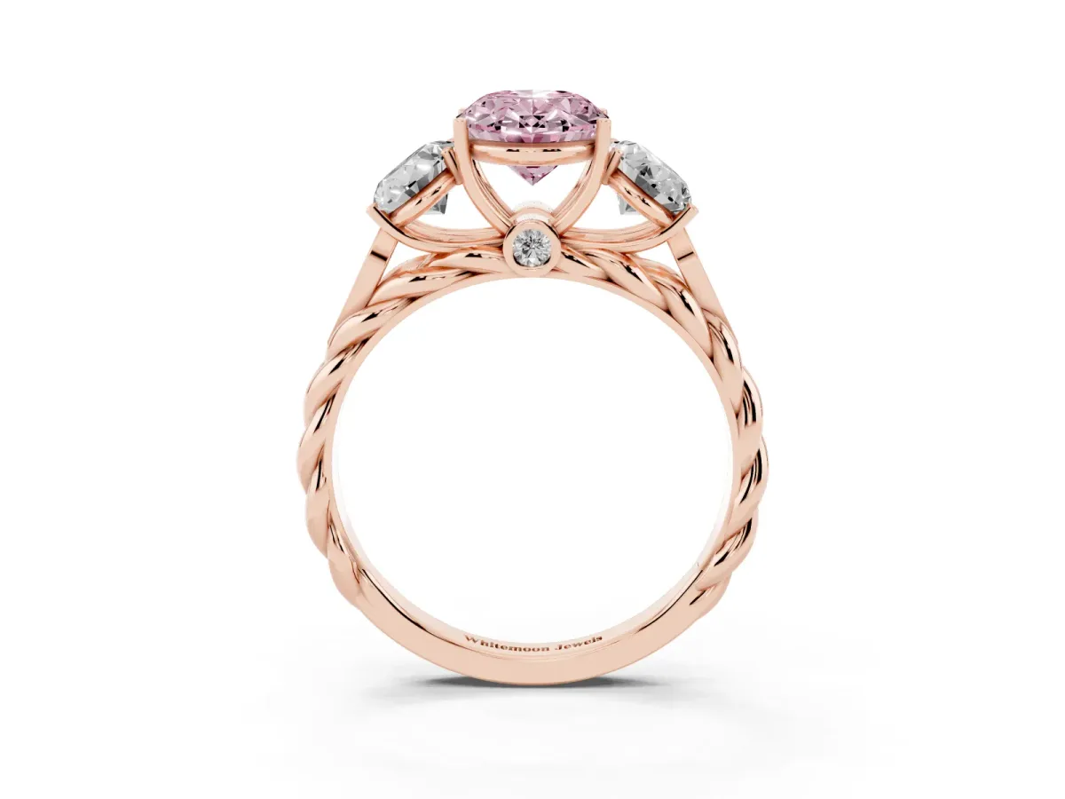 Fancy Pink Three-Stone Oval Cut Diamond Braided Band Ring with Four-Prong Setting Rose gold