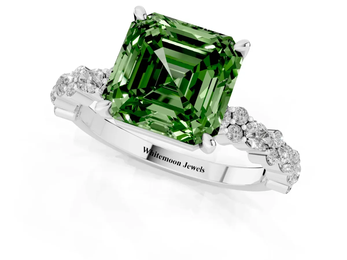 Fancy Green Asscher Cut Diamond Side Stone Solitaire Ring with Round and Four-Prong Setting Platinum
