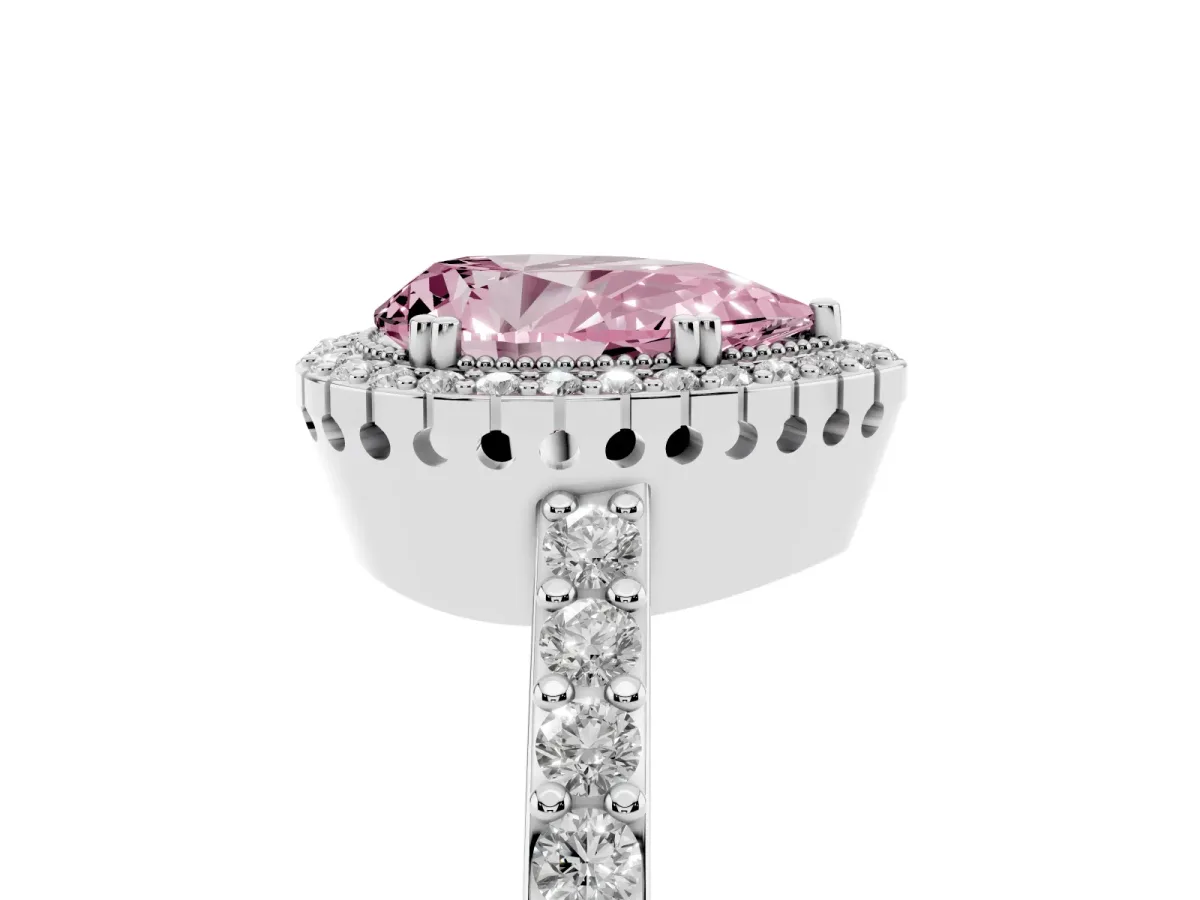 Fancy Pink Pear Cut Cut Diamond Halo Engagement Ring with Milgrain Detail and Pavé Band Silver