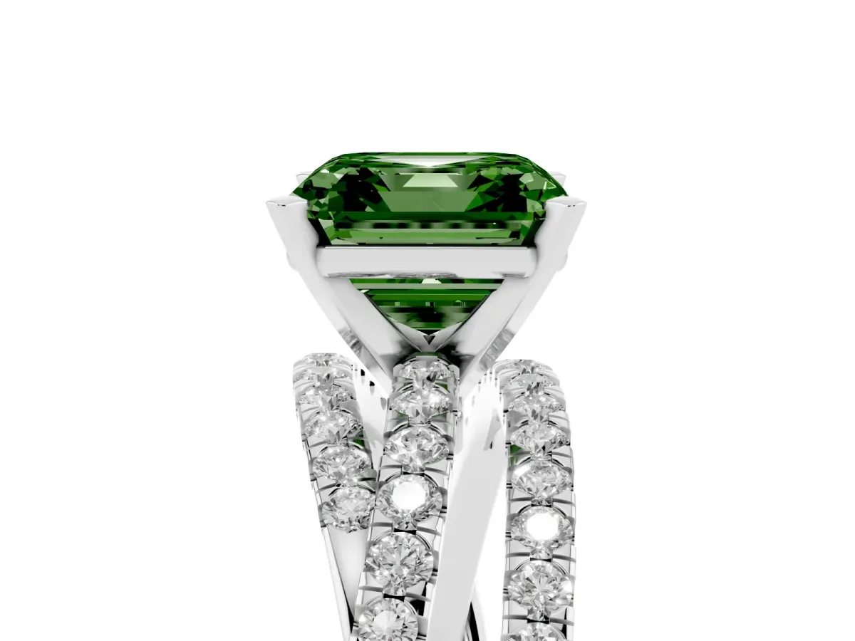 Fancy Green Asscher Cut Solitaire Twist Band with Pavé Setting and Four-Prong Setting Silver