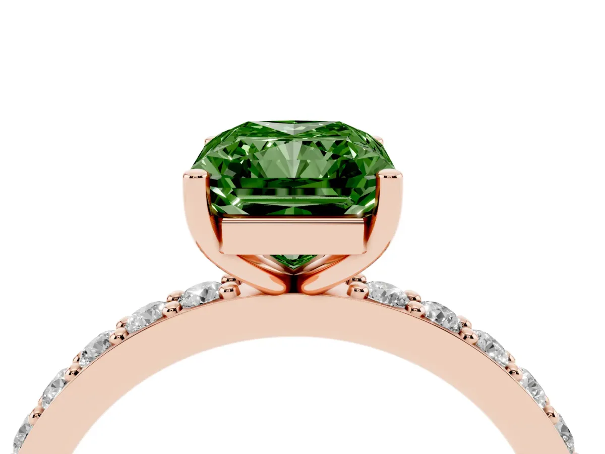 Fancy Green Radiant Cut Cut Diamond Solitaire with Pave Band and Four-Prong Setting Rose gold