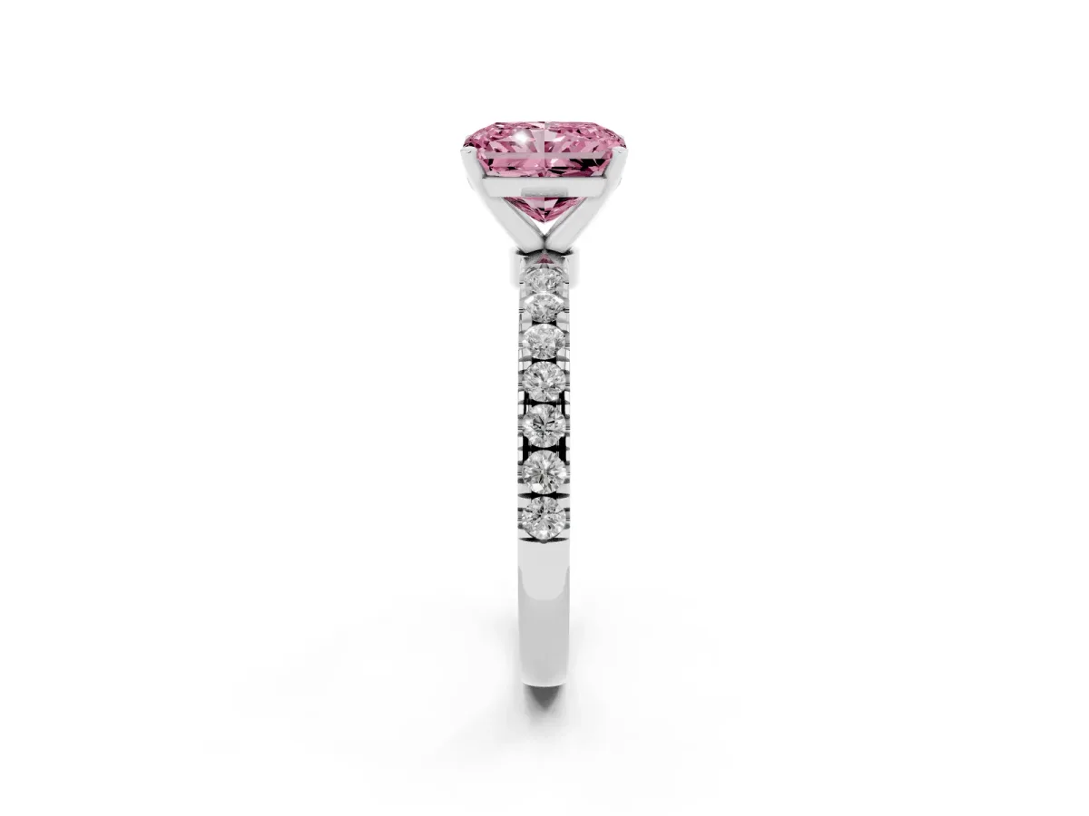 Fancy Pink Radiant Cut Diamond Solitaire Ring with Pavé Accents and Four-Prong Setting Platinum