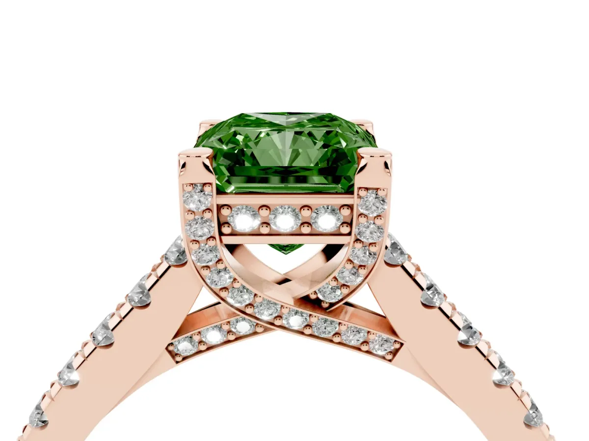 Fancy Green Radiant Cut Brilliant Diamond Solitaire with Pavé Band and Four-Prong Setting Rose gold